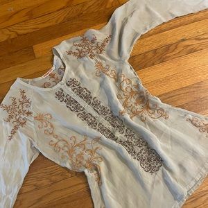 Johnny Was Embroidered Blouse in Cream and Brown